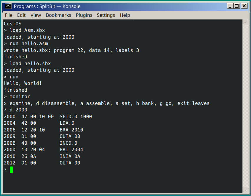 CosmOS assembling a program, running it, and disassembling what it built